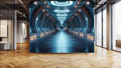 Technology futuristic background interior science fiction. Hi tech smart manufacturing automation concept. Futuristic space station or spaceship interior scifi style corridor or room.  Wall mural