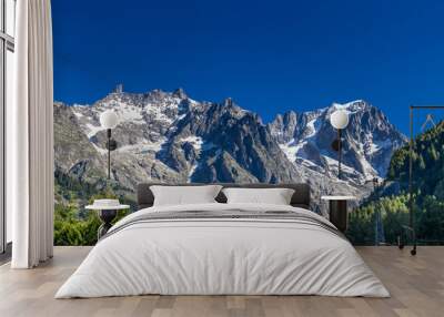 Tour du Montblanc beautiful mountain ladscapes of the Alps green valley, snow summit of Montblanc and rocky peaks of Aiguille du Midi in summer sunny weather blue sky, trekking and hiking in Chamonix Wall mural