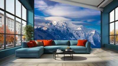 Tour du Montblanc beautiful mountain ladscapes of the Alps green valley, snow summit of Montblanc and rocky peaks of Aiguille du Midi in summer sunny weather blue sky, trekking and hiking in Chamonix Wall mural