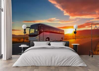 Touristic coach bus on highway road intercity regional domestic transportation driving urban modern tour traveling travel journey ride moving transport concept public comfortable passengers shuttle Wall mural