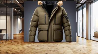 Trendy winter jacket, khaki, isolated. Wall mural