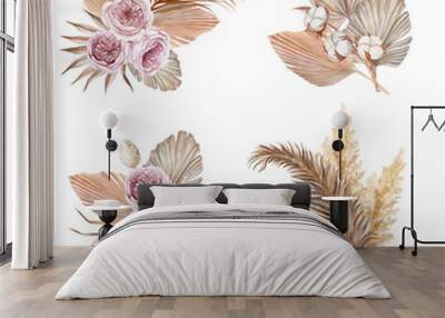 tropical bouquets with dry leaves and herbs, rosses boho palm leaves and pampas grass isolated on white background. Floral illustration for design, print, fabric or background. Flower frames Wall mural