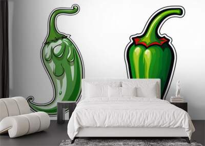 Vector illustration of two green chili peppers in a cartoon style. Perfect for food, spicy, and culinary-themed designs. Wall mural