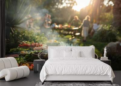 vibrant photo of friends and family gathered around a grill in a sunny garden, enjoying a summer BBQ picnic filled with delicious food and laughter. Wall mural