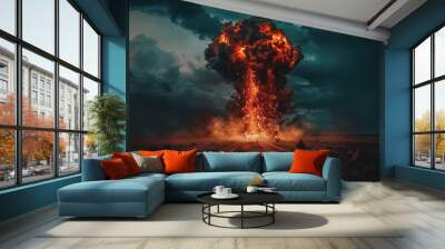 Volcanic eruption volcano erupting with smoke ashes old mountain peak sky covered with fumes natural disaster catastrophe exploding explosion national park lava Wall mural