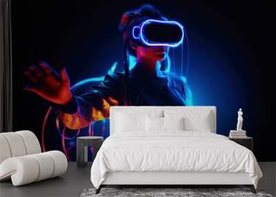 Woman wearing vr headset glasses of virtual reality game simulator. Created with Generative AI technology. Wall mural