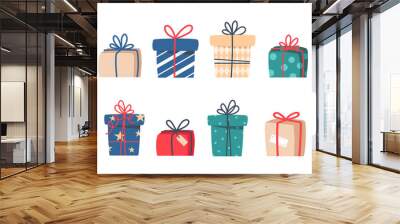 Set of Christmas gifts, New Year presents, gift boxes with ribbons, vector illustration in flat style Wall mural