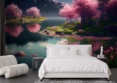 Beautiful Mountain Fuji and sakura cherry blossom in Japan spring season AI Generated Wall mural