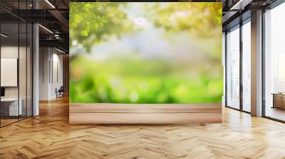 Beautiful spring background with green juicy young foliage and empty wooden table in nature outdoor. AI Generated Wall mural