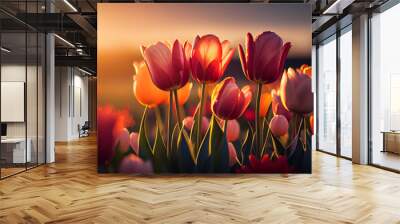 Field of colorful tulips red field spring , AI Generated Wall mural