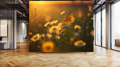 Field of daisies in golden rays of the setting sun in spring summer nature with an orange butterfly outdoors, AI Generated Wall mural