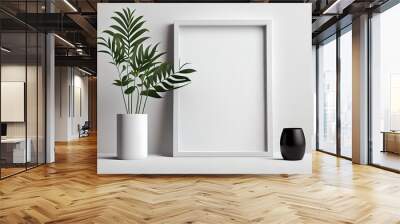 Square frame mockup on table. Modern white ceramic vase with grass, AI Generated Wall mural