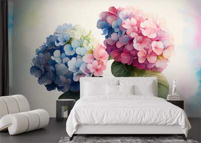 Watercolor set with blooming branches hydrangea isolated on white background. AI Generated Wall mural