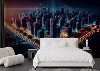 Wireless Communication on modern cityscape background. AI Generated Wall mural