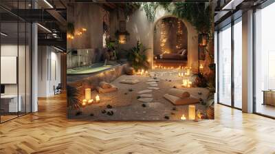 Luxurious modern spa massage room interior with massage tables, bathtub, aroma lamps, towels. Beauty center with products for care and therapy procedures. There are no people, candles are burning Wall mural