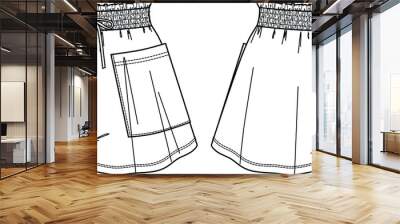 Fashion technical sketch of women shorts with pockets in vector graphic. Women shorts with elasticized waist flat, sketch, fashion illustration. Jersey or woven fabric short, front, back view, white Wall mural