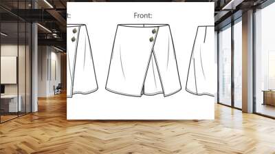 Vector mini skirt short fashion, wrapped woman skort with elasticized waistband sketch, template, flat, technical drawing. Jersey or woven fabric skirt template set with front, back view, white color Wall mural