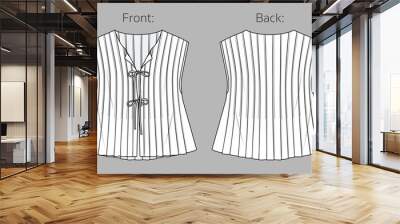 Vector sleeveless jacket with buttons and front ties fashion CAD, summer woman wrap vest technical drawing, template, flat, sketch. Linen or woven fabric blouse with front, back view, white color Wall mural