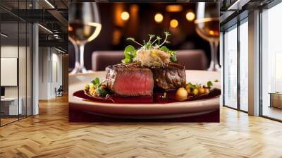 A closeup of a meticulously plated dish featuring a tender filet mignon Wall mural