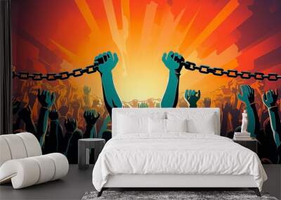 Human rights day illustration with raised hand breaks the chain.  People raising clenched hands in the air in labor day protest in colorful illustration Wall mural