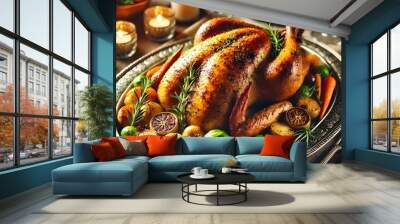 Roast turkey on a decorative serving platter placed on a Thanksgiving dinner table. The turkey is golden brown, garnished with fresh herbs and rosemary. Wall mural