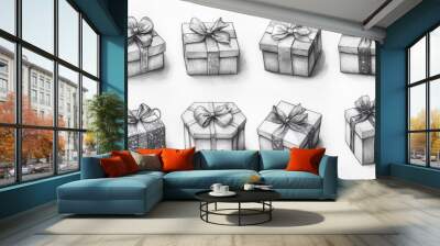 Black and white drawing of a gift box. Gifts in cardboard boxes tied with a ribbon. Old-fashioned illustration in sketch style. Vintage holiday decor. Wall mural