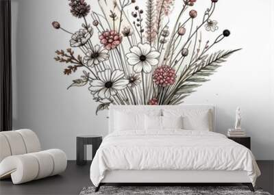 Bouquet of wild flowers isolated on white background. Drawing with beautiful wild flowers, herbs in a vintage motif. AI illustration. Wall mural