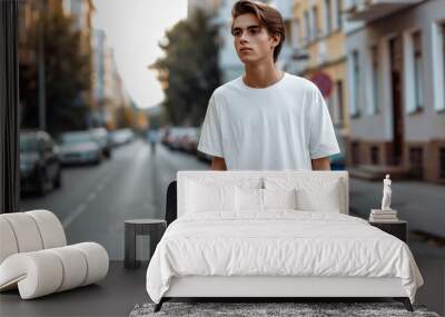 Boy with a skateboard on the street in a white t-shirt. Wall mural