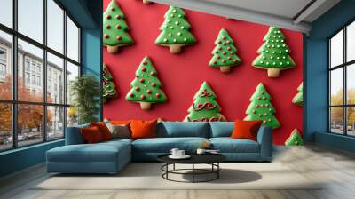 Christmas gingerbread cookies in the form of a Christmas tree on a red background. Wall mural