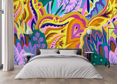 Colorful seamless pattern with crazy psychedelic organic abstract elements, print with plant and mushrooms motifs  Wall mural