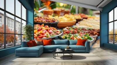 Colorful taco buffet with fresh toppings, chips, and salsa arranged on a wooden table, banner image Wall mural