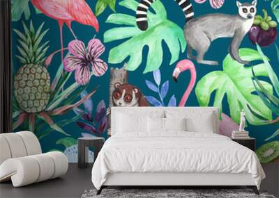 Colorful watercolor seamless pattern with flamingo and ibis, lemurs, tropical fruits and monstera leaves Wall mural