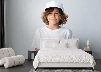 Cute boy in white t-shirt and cap. Kids t-shirt mockup. Wall mural