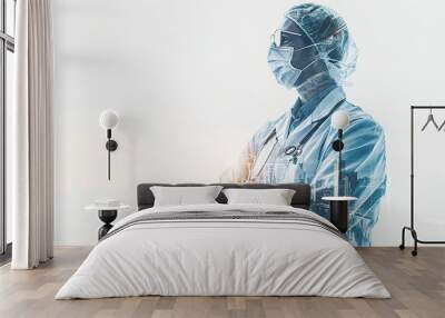 Doctor in medical uniform with stethoscope over cityscape background. Double exposure. Wall mural