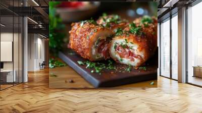 Fried roll with bacon and herbs. Simple snack for beer. European dish - baked roll with pork on a wooden board. Juicy meat food. Wall mural