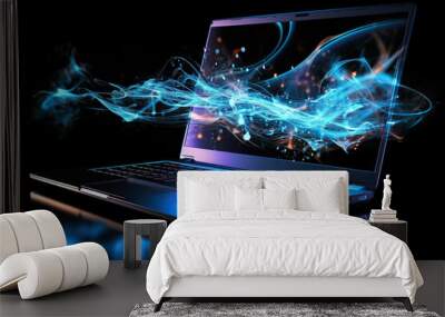 Laptop with blue smoke on a black background. Wall mural