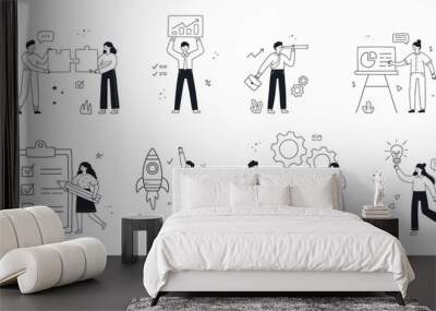 Business concept illustrations set. Collection of scenes with people taking part in business activities. Vector linear doodle style. Wall mural