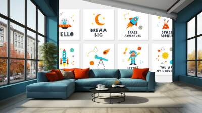 Children cards set with cute space and with lettering. Rocket, planets, stars, child, telescope, sun, aliens. Perfect for nursery posters. Vector hand drawn illustrations. Wall mural