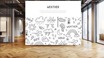 Hand drawn banner template with weather objects and elements. Illustration in doodle sketch style. Contains sign of the sun, clouds, snowflakes, wind, rain, moon, lightning and more. Wall mural