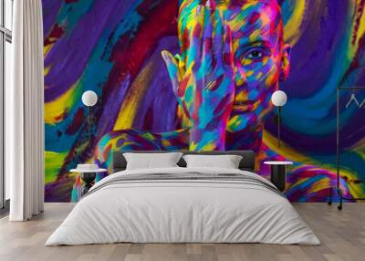 Portrait of the bright beautiful woman with art colorful make-up and bodyart Wall mural