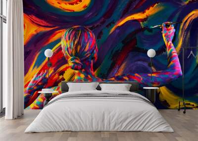 Portrait of the bright beautiful woman with art colorful make-up and bodyart Wall mural