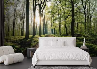 Panoramic view of a forest in spring with sun rays. Wall mural