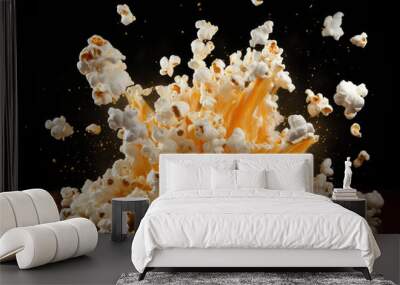 Popcorn explosion isolated on a black background. Wall mural