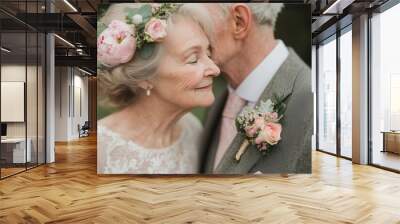 Re-marriage ceremony. Close-up portrait of elderly bride and groom. A woman in a white dress, a man in a suit. The couple is embracing. Romantic atmosphere of love. Wall mural