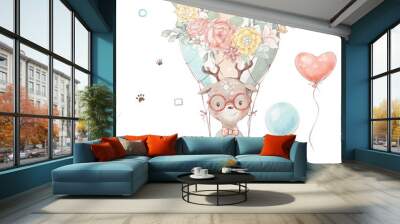 Set of cute cartoon fawn in glasses with a cup of coffee in a hot air balloon. Flowers and butterflies Wall mural