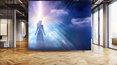 Silhouette of a woman in a dress in the heaven sky with a beam of light overhead. Spiritual or religious concept. Astral body concept. Banner with a copy space. Generative AI.  Wall mural