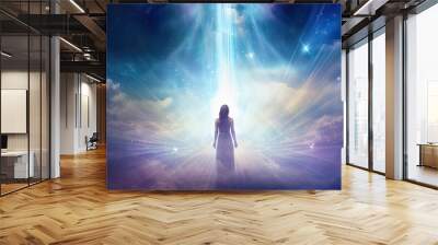 Silhouette of a woman in a dress in the heaven sky with a beam of light overhead.  Spiritual or religious concept. Astral body concept. Generative AI.  Wall mural