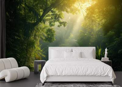 Sunlight in the morning in the tropical jungle. Nature background. Wall mural