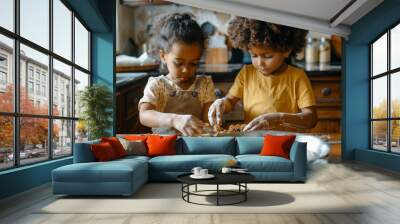 Two diverse children making chocolate chip cookies in the kitchen as an after school dessert, Children baking concept, Generative AI Wall mural