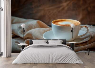 white cup with coffee on the table.  Wall mural